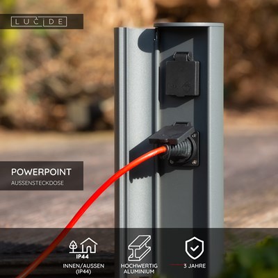 Lucide POWERPOINT - Steckdosensäule für den Außenbereich - Steckdose mit Erdungsstift - Typ E - FR, BE, POL, SVK & CZE Standard - Ø 10 cm - IP44 - Anthrazit